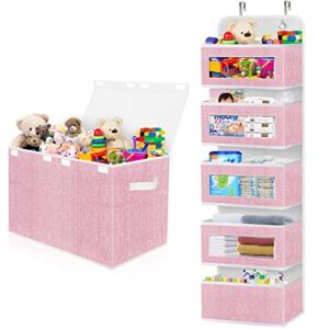 homyfort over the door organizer, hanging baby diaper organizer for nursery, large toy box chest for girls, kids toy bin storage organizer with lid for babies,toddlers,nursery,playroom (pink)