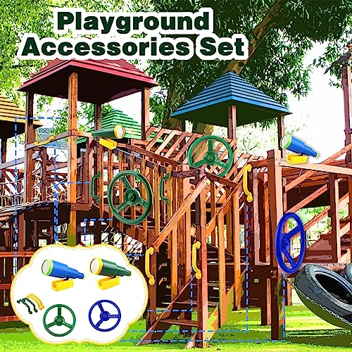 Haconba Playground Accessories Swingset Plastic Pirate Ship Steering Wheel Safety Handles Telescope for Kids Outdoor Playground Treehouse Jungle Gym Accessories (8 Pcs- Green,Blue,Yellow Set)