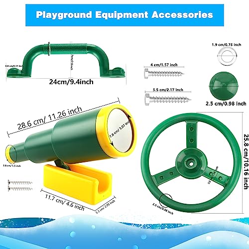 Haconba Playground Accessories Swingset Plastic Pirate Ship Steering Wheel Safety Handles Telescope for Kids Outdoor Playground Treehouse Jungle Gym Accessories (8 Pcs- Green,Blue,Yellow Set)