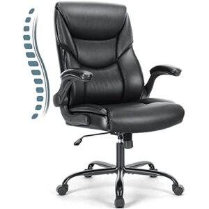 office chair - ergonomic high back desk chairs, heavy duty task chair with flip-up arms, pu leather, adjustable swivel rolling chair with wheels, black