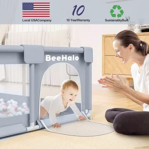 BeeHalo Baby Playpen Baby Playard, Playpen for Babies and Toddlers with Gate, Indoor & Outdoor Kids Activity Center with Anti-Slip Base, Sturdy Safety Play Yard with Soft Breathable Mesh(Gray,50”×50”)