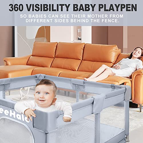 BeeHalo Baby Playpen Baby Playard, Playpen for Babies and Toddlers with Gate, Indoor & Outdoor Kids Activity Center with Anti-Slip Base, Sturdy Safety Play Yard with Soft Breathable Mesh(Gray,50”×50”)