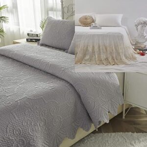brandream 4-piece grey quilt set cotton queen size luxury scalloped bedding matelasse coverlet quilted comforter set