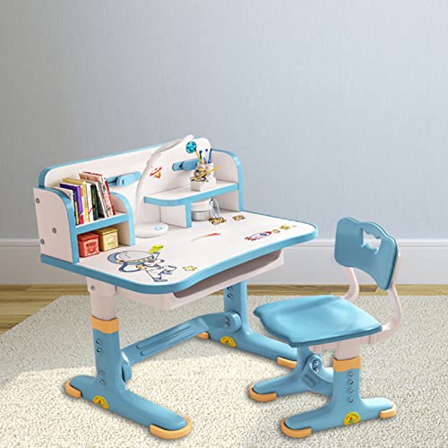 Small Desk, Standing Desk, Desk Chair Set, Widened Desktop Multi Separation Cartoon Pattern Desk Chair Set Kids Adjustable Height Study Table with Drawer Chair Set (Blue)