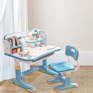 Small Desk, Standing Desk, Desk Chair Set, Widened Desktop Multi Separation Cartoon Pattern Desk Chair Set Kids Adjustable Height Study Table with Drawer Chair Set (Blue)