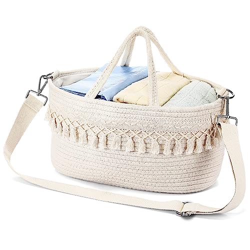 Geetery Baby Diaper Caddy Organizer Basket with Shoulder Strap Buckle Cotton Rope Diaper Basket Caddy, Changing Table Diaper Storage Caddy for Baby Shower Gifts