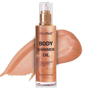 ablufirst 2 colors shimmer body oil face glitter summer body moisturizing light shimmering glow non-sticky party body luminizer and illuminator smooth (2.8 fl oz pack of 1, rose gold)