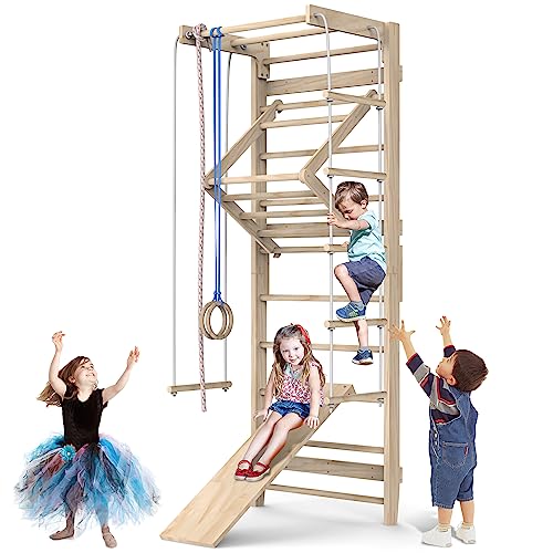 Jungle Gym, Wooden Swedish Wall Ladder Stall Bars Set, Indoor Playground Climbing Toys for Toddlers, Toddler Climbing Toys Indoor, Stall Bars for Exercise for All Family All Ages Training Stretching