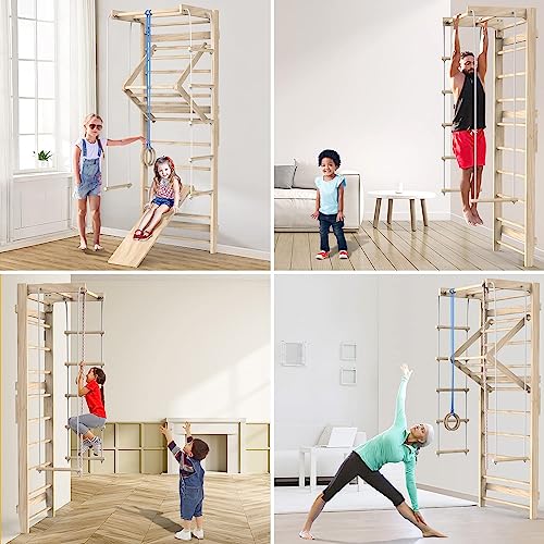 Jungle Gym, Wooden Swedish Wall Ladder Stall Bars Set, Indoor Playground Climbing Toys for Toddlers, Toddler Climbing Toys Indoor, Stall Bars for Exercise for All Family All Ages Training Stretching