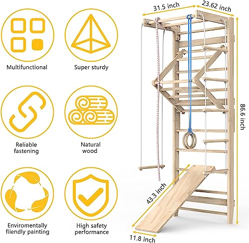 Jungle Gym, Wooden Swedish Wall Ladder Stall Bars Set, Indoor Playground Climbing Toys for Toddlers, Toddler Climbing Toys Indoor, Stall Bars for Exercise for All Family All Ages Training Stretching