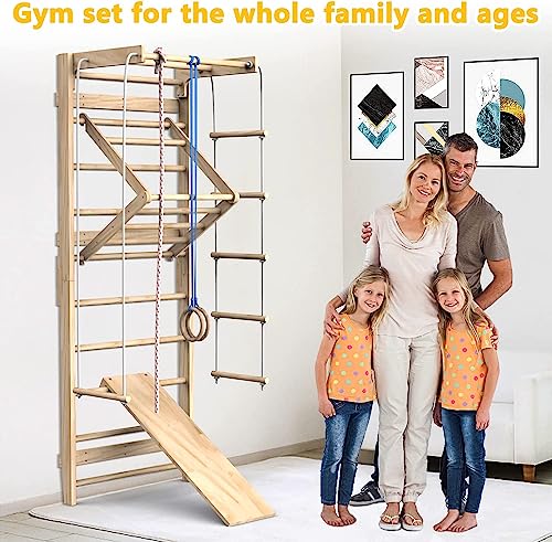 Jungle Gym, Wooden Swedish Wall Ladder Stall Bars Set, Indoor Playground Climbing Toys for Toddlers, Toddler Climbing Toys Indoor, Stall Bars for Exercise for All Family All Ages Training Stretching