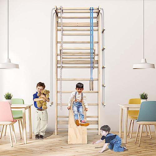 Jungle Gym, Wooden Swedish Wall Ladder Stall Bars Set, Indoor Playground Climbing Toys for Toddlers, Toddler Climbing Toys Indoor, Stall Bars for Exercise for All Family All Ages Training Stretching