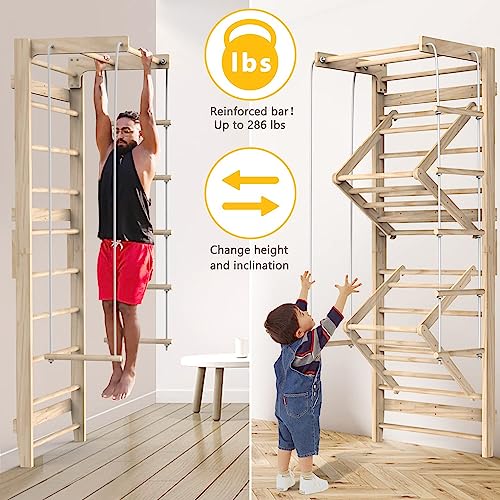 Jungle Gym, Wooden Swedish Wall Ladder Stall Bars Set, Indoor Playground Climbing Toys for Toddlers, Toddler Climbing Toys Indoor, Stall Bars for Exercise for All Family All Ages Training Stretching