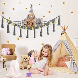 Salamanda Stuffed Animal Net or Hammock with wall decal and star LED Light, Boho Toy Hammock Hanging Stuffed Animal Storage Net Organizer Holder for Bedroom, Nursery (A-Grey)