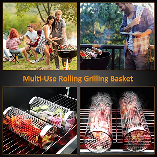 Grill Basket 2 PCS, BBQ Grill Basket, Rolling Grilling Basket, Stainless Steel Grill Mesh Barbeque Grill Accessories, Portable Grill Baskets for Outdoor Grill for Fish, Shrimp, Meat, Vegetables, Fries