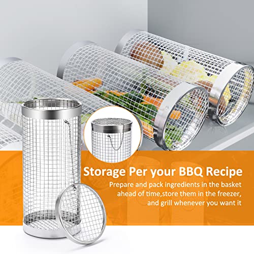 Grill Basket 2 PCS, BBQ Grill Basket, Rolling Grilling Basket, Stainless Steel Grill Mesh Barbeque Grill Accessories, Portable Grill Baskets for Outdoor Grill for Fish, Shrimp, Meat, Vegetables, Fries