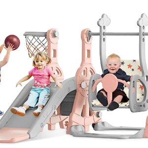 BIERUM 4 in 1 Toddler Slide and Swing Set, Kid Slide for Toddlers Age 1-3, Baby Slide with Basketball Hoop, Indoor Outdoor Slide Toddler Playset Toddler Playground Pink