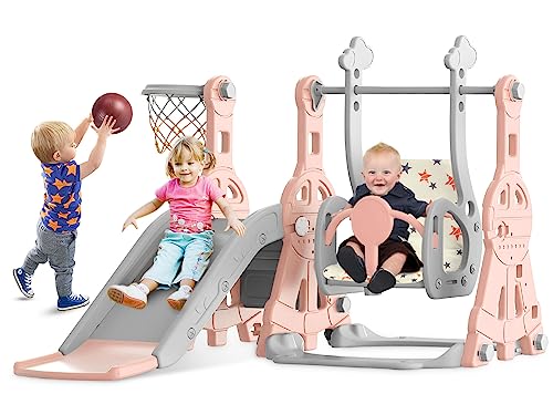 BIERUM 4 in 1 Toddler Slide and Swing Set, Kid Slide for Toddlers Age 1-3, Baby Slide with Basketball Hoop, Indoor Outdoor Slide Toddler Playset Toddler Playground Pink