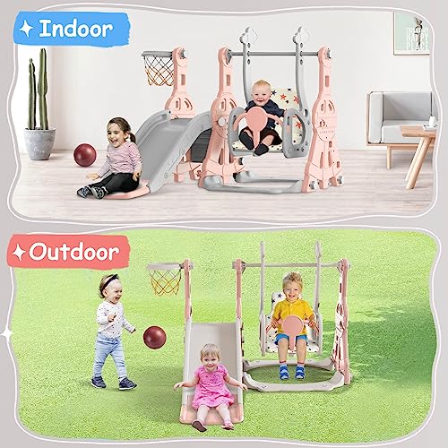 BIERUM 4 in 1 Toddler Slide and Swing Set, Kid Slide for Toddlers Age 1-3, Baby Slide with Basketball Hoop, Indoor Outdoor Slide Toddler Playset Toddler Playground Pink