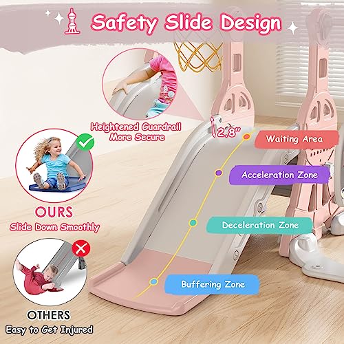 BIERUM 4 in 1 Toddler Slide and Swing Set, Kid Slide for Toddlers Age 1-3, Baby Slide with Basketball Hoop, Indoor Outdoor Slide Toddler Playset Toddler Playground Pink