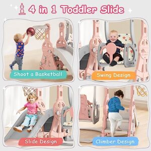 BIERUM 4 in 1 Toddler Slide and Swing Set, Kid Slide for Toddlers Age 1-3, Baby Slide with Basketball Hoop, Indoor Outdoor Slide Toddler Playset Toddler Playground Pink