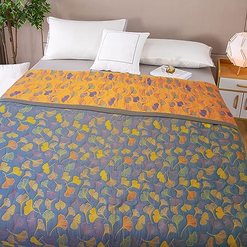 Bifqioy Ginkgo Leaf Pattern Cotton Reversible Quilt Lightweight Muslin Summer Comforter Queen Size Soft Breathable Bedspread Coverlet Washable Quilted Throw Blanket for Bed, Couch