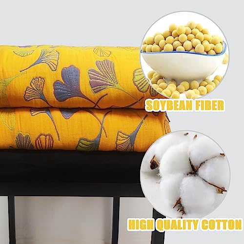 Bifqioy Ginkgo Leaf Pattern Cotton Reversible Quilt Lightweight Muslin Summer Comforter Queen Size Soft Breathable Bedspread Coverlet Washable Quilted Throw Blanket for Bed, Couch