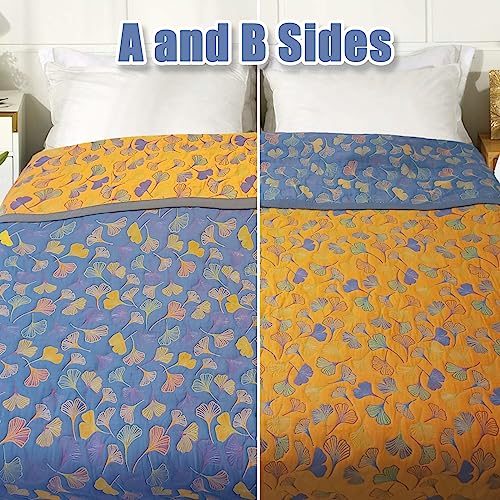 Bifqioy Ginkgo Leaf Pattern Cotton Reversible Quilt Lightweight Muslin Summer Comforter Queen Size Soft Breathable Bedspread Coverlet Washable Quilted Throw Blanket for Bed, Couch