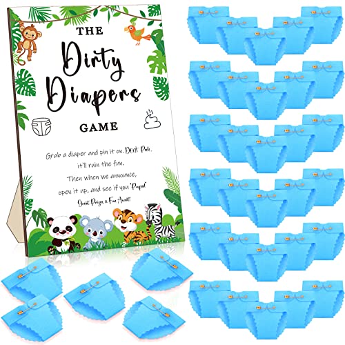 BBTO 51 Pcs Dirty Diaper Wooden Game Sign Baby Shower Game Sign Dirty Diaper Instruction Sign 50 Pcs Mini Diapers Cute Felt Diaper for Game Gender Neutral Party Baby Shower Game (Animal)