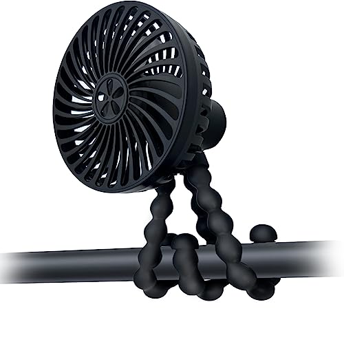 Stroller Fan Portable Fan Personal Fan with Flexible Tripod Clip-on for Baby, USB Fan Rechargeable Battery Operated, Small Handheld Fan Cooling for Travel, Car Seat, Camping, and Bedroom, Black