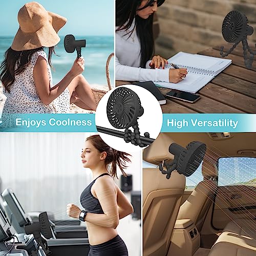 Stroller Fan Portable Fan Personal Fan with Flexible Tripod Clip-on for Baby, USB Fan Rechargeable Battery Operated, Small Handheld Fan Cooling for Travel, Car Seat, Camping, and Bedroom, Black