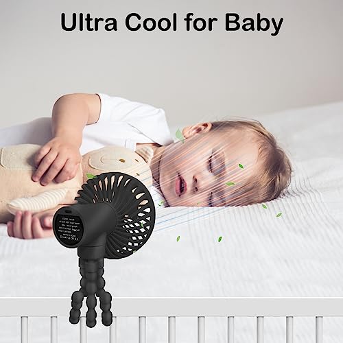 Stroller Fan Portable Fan Personal Fan with Flexible Tripod Clip-on for Baby, USB Fan Rechargeable Battery Operated, Small Handheld Fan Cooling for Travel, Car Seat, Camping, and Bedroom, Black