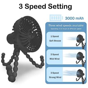 Stroller Fan Portable Fan Personal Fan with Flexible Tripod Clip-on for Baby, USB Fan Rechargeable Battery Operated, Small Handheld Fan Cooling for Travel, Car Seat, Camping, and Bedroom, Black