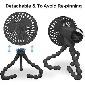 Stroller Fan Portable Fan Personal Fan with Flexible Tripod Clip-on for Baby, USB Fan Rechargeable Battery Operated, Small Handheld Fan Cooling for Travel, Car Seat, Camping, and Bedroom, Black