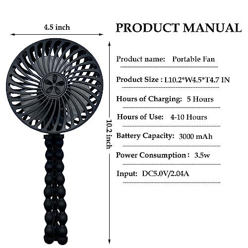 Stroller Fan Portable Fan Personal Fan with Flexible Tripod Clip-on for Baby, USB Fan Rechargeable Battery Operated, Small Handheld Fan Cooling for Travel, Car Seat, Camping, and Bedroom, Black