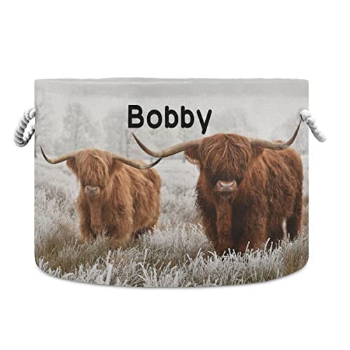 KLL Custom Large Capacity Toys Storage Bin with Cotton Rope Handle Personalized Name Clothes Storage Baskets Laundry Hamper Holiday Ornament Storage Organizer Scottish Highland Cow