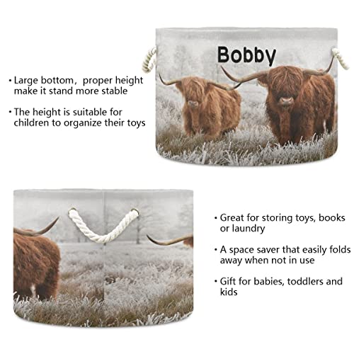 KLL Custom Large Capacity Toys Storage Bin with Cotton Rope Handle Personalized Name Clothes Storage Baskets Laundry Hamper Holiday Ornament Storage Organizer Scottish Highland Cow