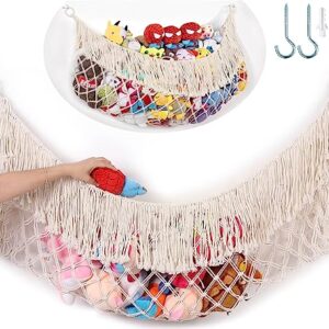 Large Stuffed Animal Hammock - [56'' Wide/Upgraded Handwoven Macrame/Cream] Toy Storage Net Hammock for Flat Wall, Hardware Included