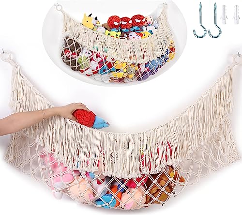 Large Stuffed Animal Hammock - [56'' Wide/Upgraded Handwoven Macrame/Cream] Toy Storage Net Hammock for Flat Wall, Hardware Included