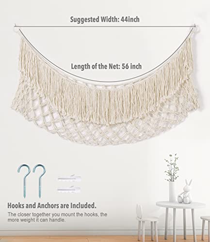 Large Stuffed Animal Hammock - [56'' Wide/Upgraded Handwoven Macrame/Cream] Toy Storage Net Hammock for Flat Wall, Hardware Included