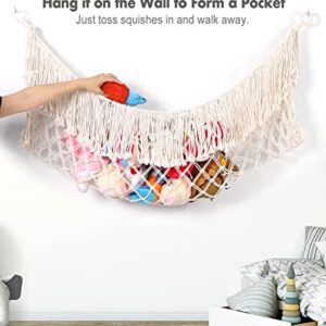 Large Stuffed Animal Hammock - [56'' Wide/Upgraded Handwoven Macrame/Cream] Toy Storage Net Hammock for Flat Wall, Hardware Included