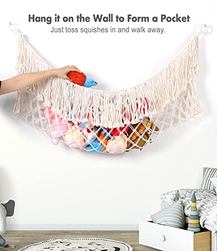 Large Stuffed Animal Hammock - [56'' Wide/Upgraded Handwoven Macrame/Cream] Toy Storage Net Hammock for Flat Wall, Hardware Included