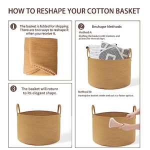 Storage Basket XXXLarge Cotton Rope Blanket Basket 22" x 22" x 14" Baby Laundry Basket with Handle, Woven Toy Basket Big Basket Soft Nursery Cube Bin, Durable Hamper for Living Room Brown