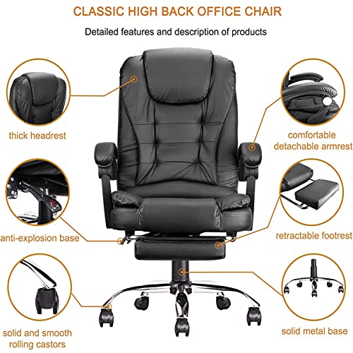 anjsindra Ergonomic Executive Office Chair Computer Desk Chair with Footrest, PU Leather Computer Chair Heavy Duty Design Adjustable Hight Rolling Chair, Big and Tall Office Chair, Black