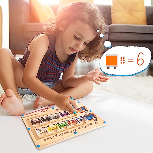 Magnetic Color and Number Maze Board Wooden Montessori Fine Motor Skills Toys for 2 3 Year Old Preschool Learning Activities Classroom Must Haves Sorting Travel Toys for Toddlers 1-3 2-4 Boys Girls