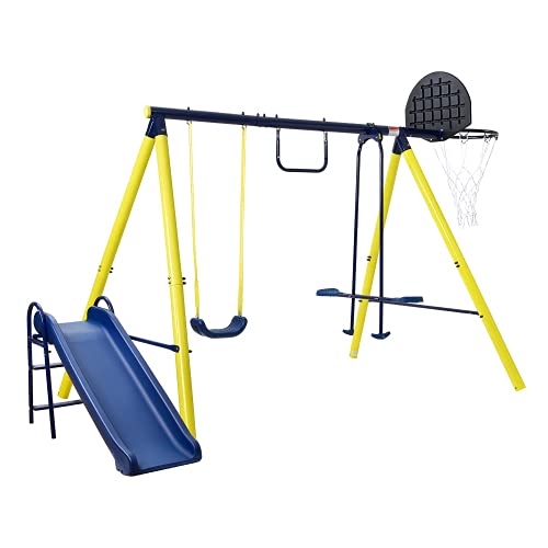 5 in 1 Outdoor Toddler Swing Set for Backyard, Playground Swing Sets with Steel Frame, Swing n' Slide Playset for Kids with Seesaw Swing, Basketball Hoop