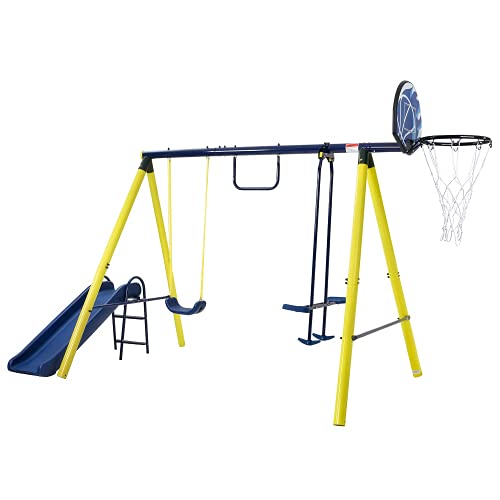 5 in 1 Outdoor Toddler Swing Set for Backyard, Playground Swing Sets with Steel Frame, Swing n' Slide Playset for Kids with Seesaw Swing, Basketball Hoop