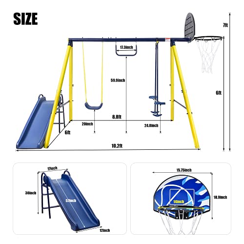 5 in 1 Outdoor Toddler Swing Set for Backyard, Playground Swing Sets with Steel Frame, Swing n' Slide Playset for Kids with Seesaw Swing, Basketball Hoop