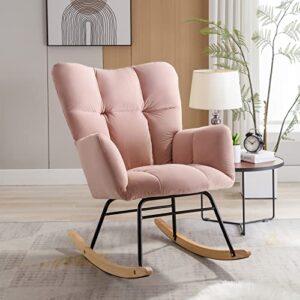 nursery rocking chair for baby, indoor velvet fabric nursing chair, modern upholstered glider rocker armchair with high backrest for bedroom office living room (light pink)