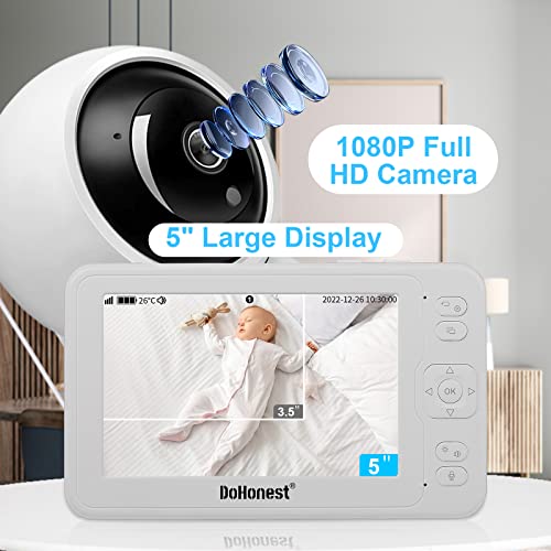 DoHonest Baby Monitor with Camera and Audio - HD 1080P 5" Color Screen Wireless Infant Video Camera Remote Pan No WiFi Night Vision 2-Way Talk Temperature 1000ft Range Ideal for Gifts